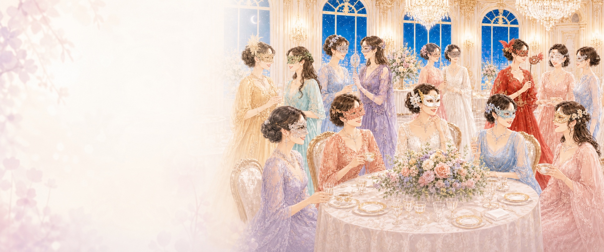仮面をつけた女性たちが夜の舞踏会で語り合う様子