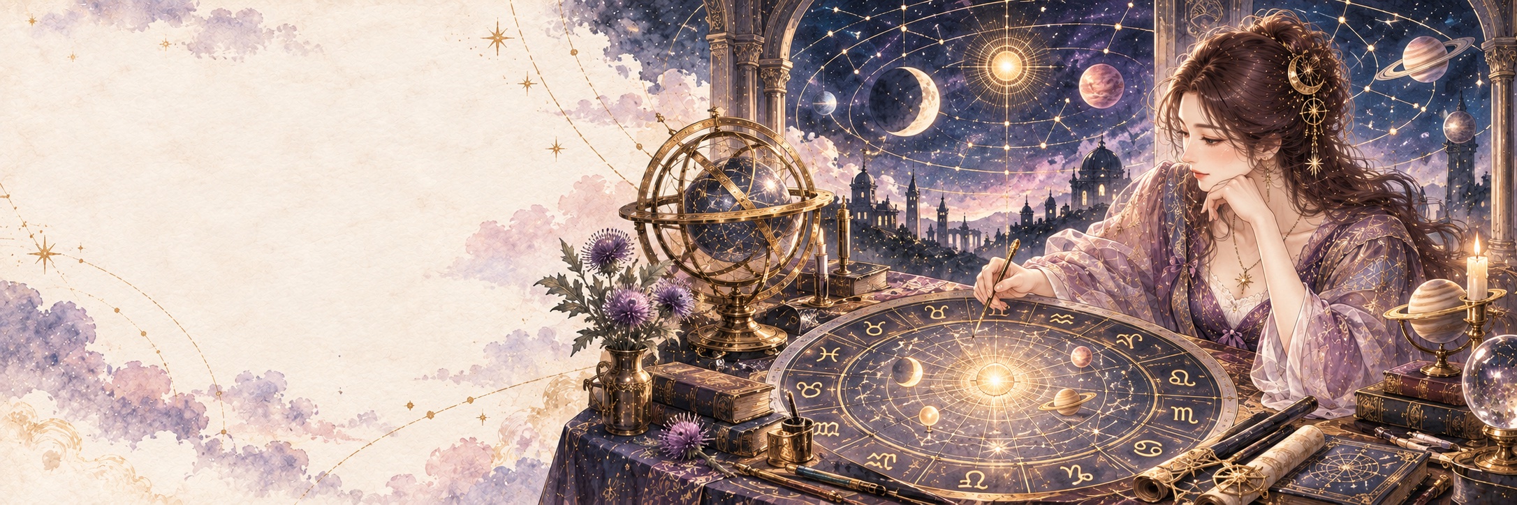 星空の観測室で出生図を読み解くアザミの水彩画