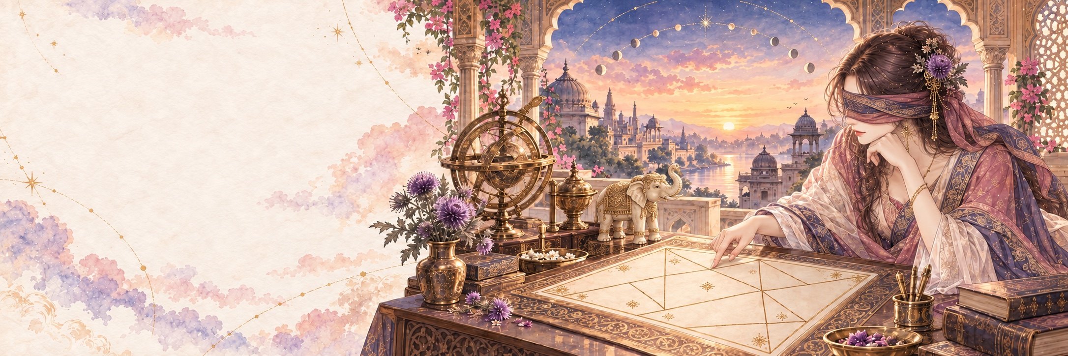 布の目隠しをしたアザミが象の像とともにインド占星術の星図を読み解く水彩画