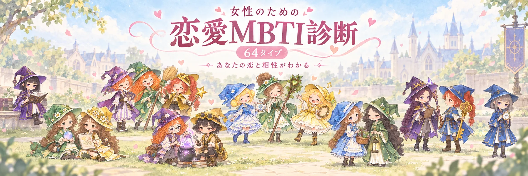 魔法学校で思い思いに過ごす16タイプのキャラクター。女性のための恋愛MBTI・ラブタイプ診断