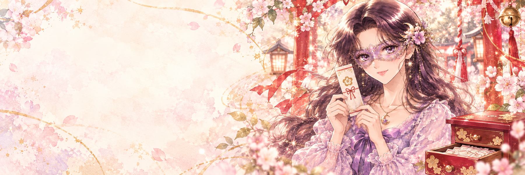 赤と金のおみくじ箱を前に、おみくじを手にする仮面姿のアザミ