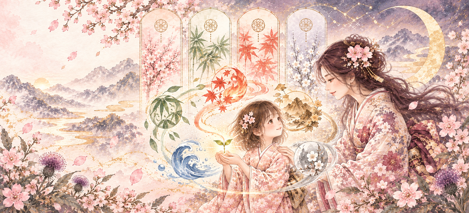 子どもと大人のアザミを囲む四つの柱と五行の水彩画