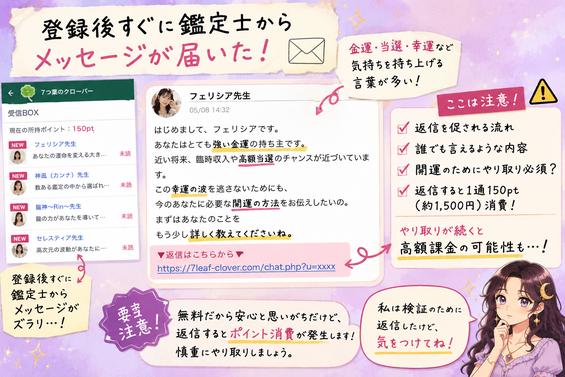 7つ葉のクローバーで鑑定師から届いた金運や幸運を強調するメッセージと、有料返信へ誘導される流れを示した検証画像