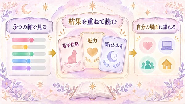 5つの軸と基本性格、魅力、隠れた本音を重ねて自分の場面に照らして読む流れの図