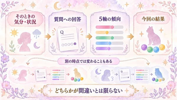 そのときの気分や状況から質問への回答、5軸の傾向、今回の診断結果へつながり、別の時点では結果が変わることもあると示す図