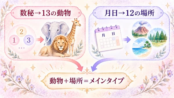 数秘から決まる13の動物と月日の星座モチーフから決まる12の場所がメインタイプへ組み合わさる図
