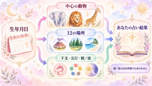 生年月日から中心の動物、12の場所、出生年の補助要素が占い結果へつながる図