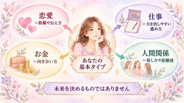 一つの基本タイプから恋愛、仕事、お金、人間関係へ傾向が広がることを示す図