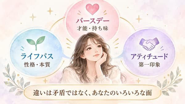 ライフパス・バースデー・アティチュードが一人の異なる側面を表す図