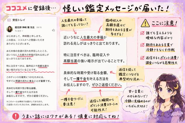 ココユメの鑑定文にある人生最大の幸福、高額当選、一攫千金などの言葉と返信要求を赤線で確認した注意喚起画像