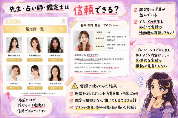 ココユメの鑑定師一覧とプロフィールを調べ、外部の実績や活動歴を確認できずサクラの可能性に注意と示した検証画像