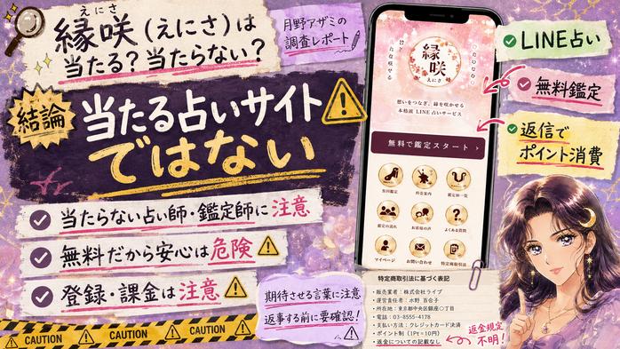 縁咲は当たる占いとしておすすめできず、無料鑑定やLINE登録後のポイント消費に注意が必要とまとめた検証画像