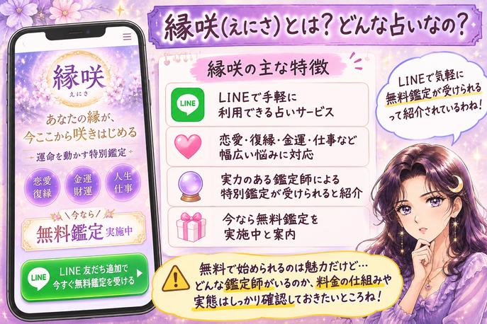 縁咲の公式ページを見ながら、LINEで利用する無料鑑定や恋愛・復縁・金運などの特徴をアザミが解説する画像
