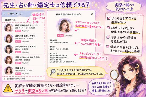 縁咲の鑑定師一覧とプロフィールを確認し、実績や活動歴を外部で確認できない点をアザミが指摘する検証画像