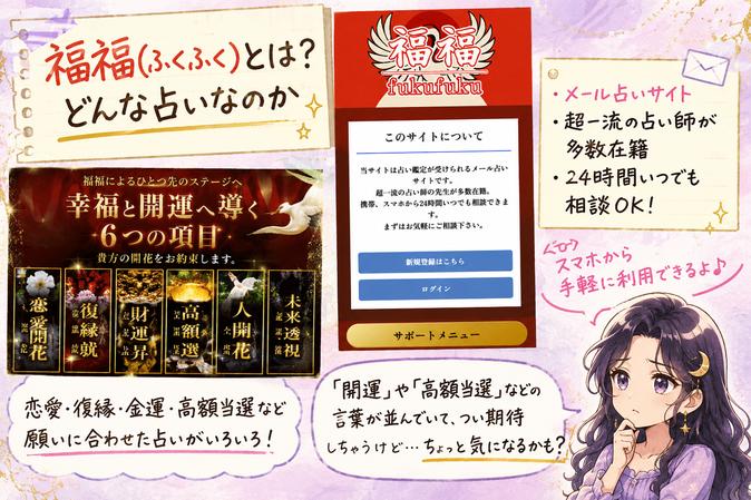 福福(ふくふく)の公式ページを切り抜き、メール占いの特徴や24時間相談できる仕組みと気になる点を解説した画像