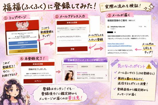 福福(ふくふく)の新規登録からメール認証、登録完了後に鑑定師のメッセージが届くまでの流れを示した検証画像