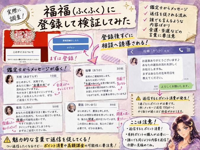 福福(ふくふく)の鑑定師から届く金運や復縁をうたうメッセージと、返信によるポイント消費への注意を解説した画像