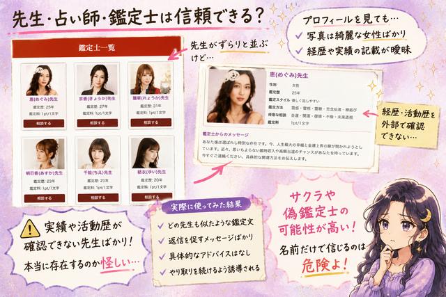 福福(ふくふく)の鑑定師一覧とプロフィールを確認し、経歴や活動実績を外部で確かめられない点を解説した画像