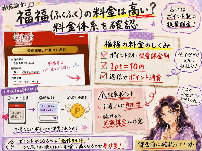 福福(ふくふく)のポイント制料金と返信のたびに費用が発生し、やり取りが長引くほど負担が増える仕組みを示した画像