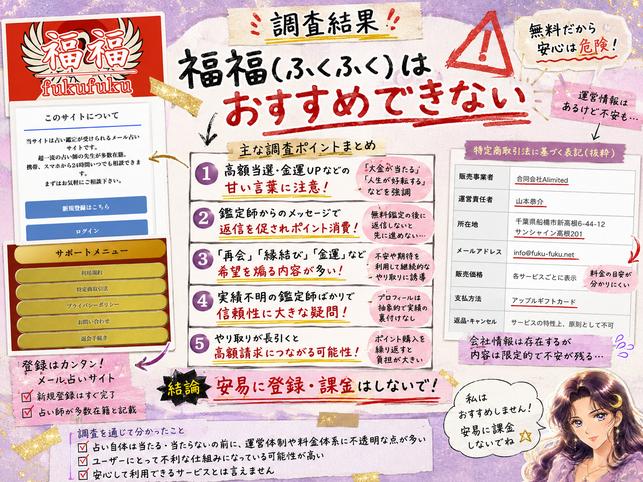 福福(ふくふく)の鑑定内容、ポイント課金、鑑定師の実績、運営情報を総合し、利用をおすすめできない理由をまとめた画像
