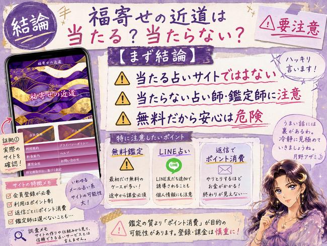 福寄せの近道は当たる占いとしておすすめできず、登録後の返信誘導やポイント課金に注意が必要だと示した結論画像