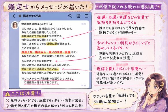 福寄せの近道の鑑定師から金運や幸運を強調するメッセージが届き、返信によるポイント消費へ誘導される流れを示した画像