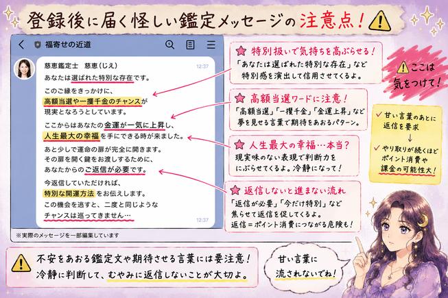 高額当選や人生最大の幸福などの言葉で期待をあおり、返信を求める福寄せの近道の鑑定文へ注意を促す検証画像
