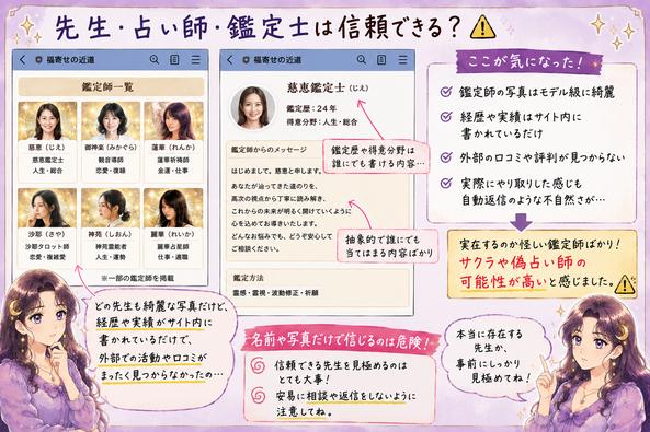 福寄せの近道に掲載された複数の鑑定師プロフィールを確認し、実績や実在性、共通した鑑定内容への疑問を示した画像