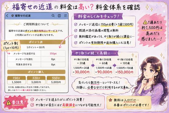 福寄せの近道はポイント制で返信1通に150ポイント、約1500円かかり、やり取りが続くと高額になりやすいことを示した料金解説画像