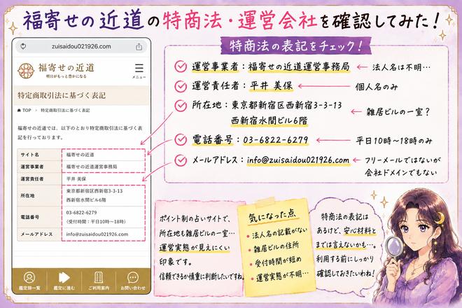 福寄せの近道の特定商取引法ページから運営会社、責任者、所在地、電話番号、メールアドレスを抜き出して確認する画像