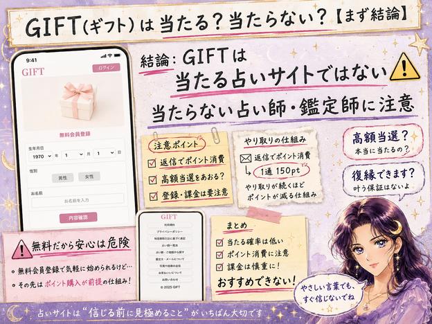 GIFT(ギフト)は当たる占いとしておすすめできず、返信によるポイント消費や登録・課金への注意点を整理した結論画像