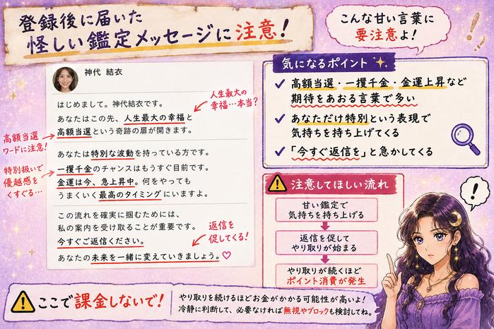 GIFT(ギフト)の鑑定文にある高額当選や一攫千金、金運上昇などの言葉と返信要求へ注意を促す画像