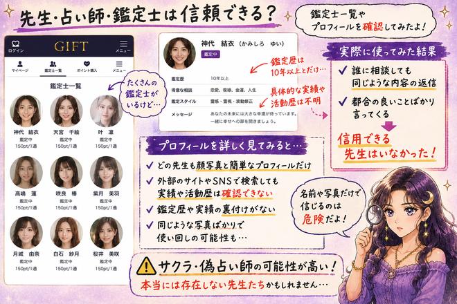 GIFT(ギフト)の鑑定師一覧とプロフィールを調べ、外部実績や実在性を確認できない点を指摘した検証画像