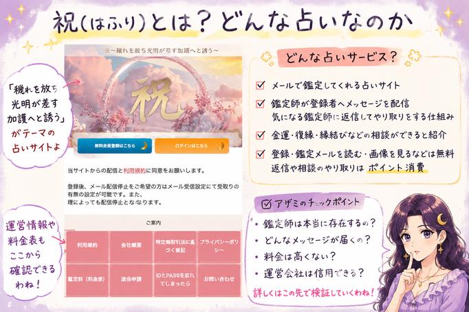 祝(はふり)の公式ページをもとに、メール鑑定の仕組みや無料機能、鑑定師と料金の確認点を紹介するサービス概要画像