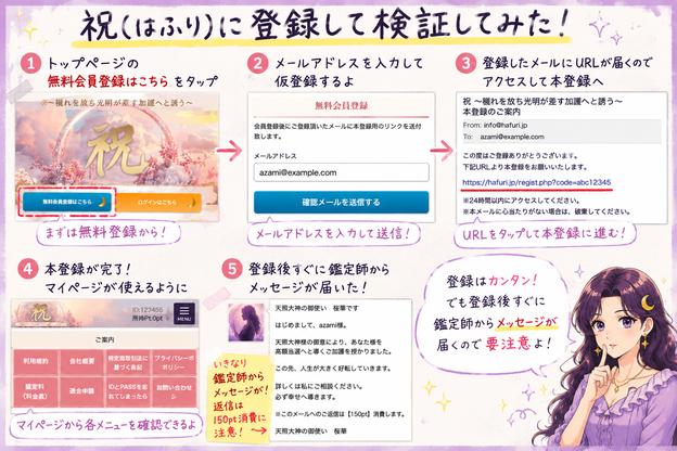祝(はふり)の無料会員登録からメール認証、本登録、マイページ、鑑定師からのメッセージ受信までを示した登録検証画像