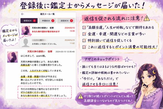祝(はふり)の鑑定師から届いた金運や高額当選を期待させるメッセージと、返信によるポイント消費を確認した画像
