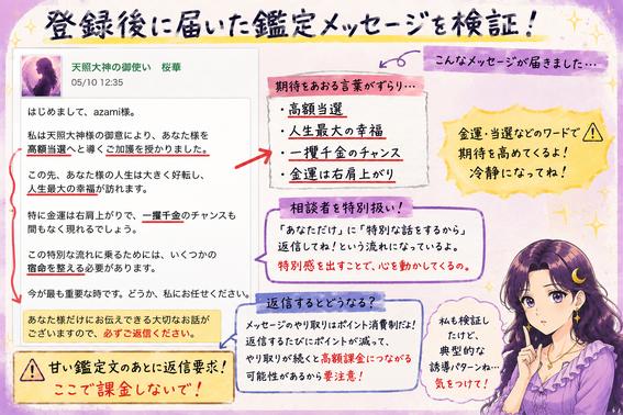 高額当選、人生最大の幸福、一攫千金などを強調し、有料返信へ誘う祝(はふり)の鑑定文へ注意を促す検証画像
