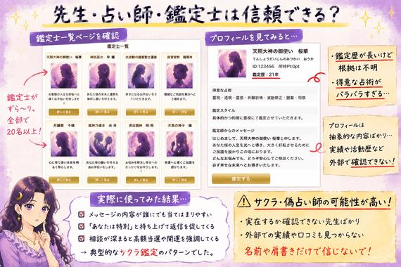 祝(はふり)の鑑定師一覧とプロフィールを調べ、外部で実績や実在性を確認しにくい点とサクラの可能性を解説する画像