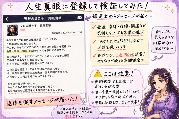 人生真眼の鑑定師が金運や幸運を強調して返信を促し、ポイント消費につながる流れを解説した検証画像