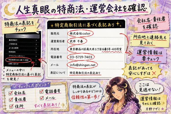 人生真眼の特商法ページから株式会社color、運営責任者、所在地、電話番号、メールアドレスを確認した画像
