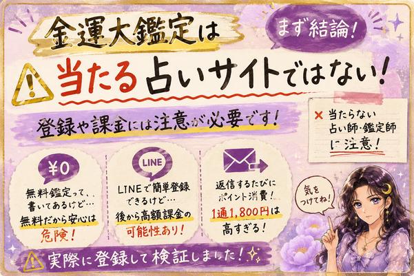 金運大鑑定は当たる占いとしておすすめできず、無料鑑定や返信によるポイント消費に注意が必要だとまとめた画像