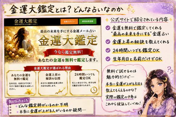 金運大鑑定の公式ページにある無料鑑定や金運占いの特徴と、鑑定師や料金への疑問を整理した画像