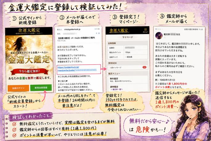 金運大鑑定の新規登録からメール認証、会員ページ、鑑定師からメッセージが届くまでの流れを示した検証画像