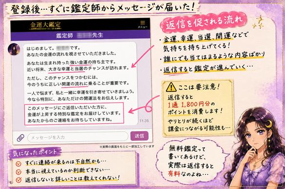 金運や幸運を強調する鑑定師のメッセージから返信を促され、ポイント消費につながる流れを検証した画像