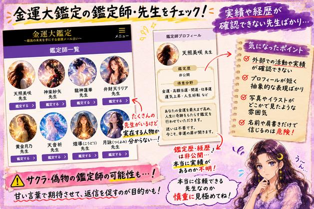 金運大鑑定の鑑定師一覧とプロフィールを確認し、外部実績や実在性、サクラの可能性に注意を促す画像
