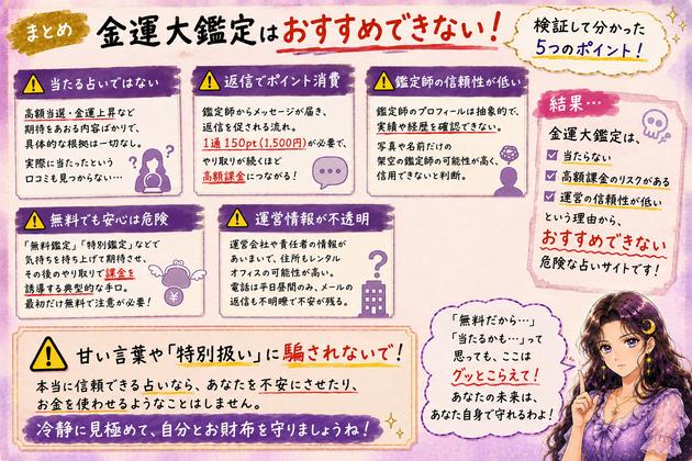金運大鑑定をおすすめできない理由として、当選実績、返信課金、鑑定師の信頼性、無料案内、運営情報をまとめた画像