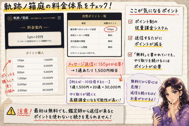 軌跡ノ箱庭のポイント制料金とメール送信1通150ポイント、返信回数ごとの費用を分かりやすく示した画像
