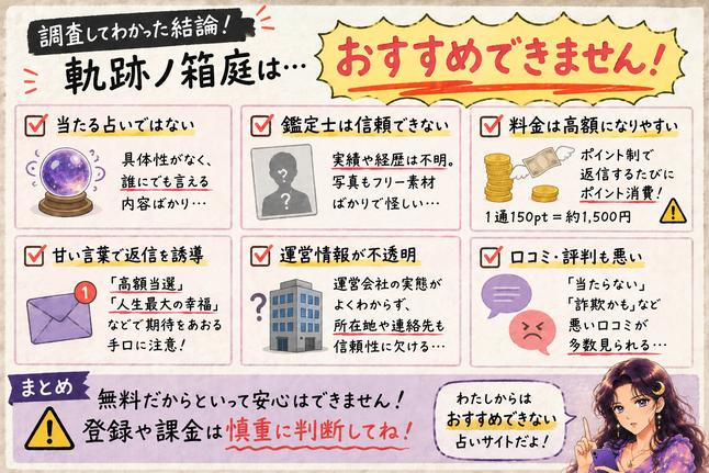 軌跡ノ箱庭をおすすめできない理由として、鑑定内容、鑑定師、料金、運営情報、口コミの問題点をまとめた画像