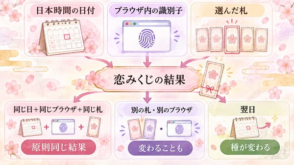 日本時間の日付とブラウザ内の識別子と選んだ札から恋みくじの結果が決まり、条件によって同じ結果または違う結果になる仕組みの図