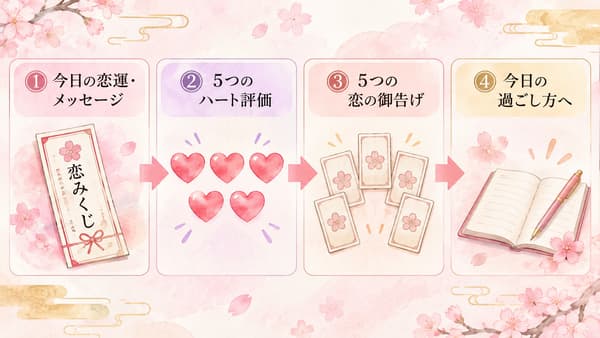 恋みくじの今日の恋運からハート評価、恋の御告げ、今日の過ごし方へ進む読み順の図